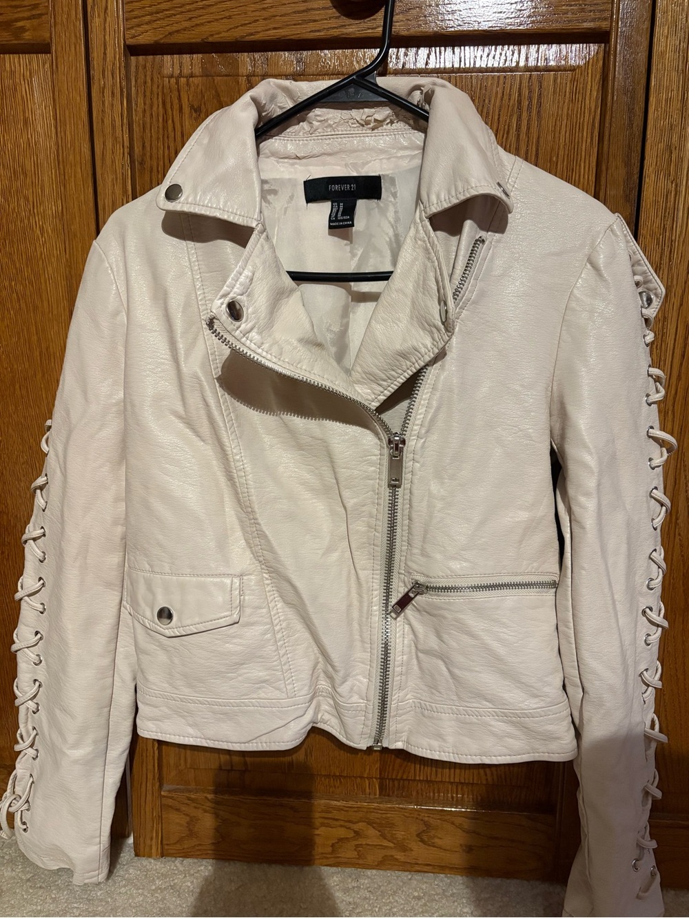 Forever 21 Cream Faux Leather Lace-Up Sleeve Moto Jacket